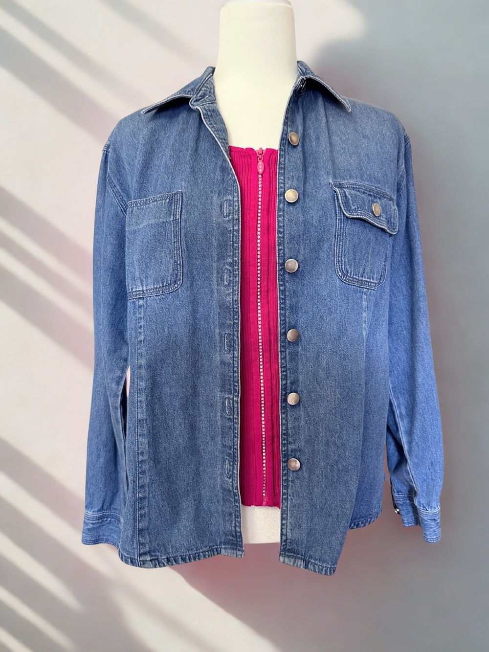 Vintage Bushwacker Denim Shacket & Pink Ribbed Zip Tank Set